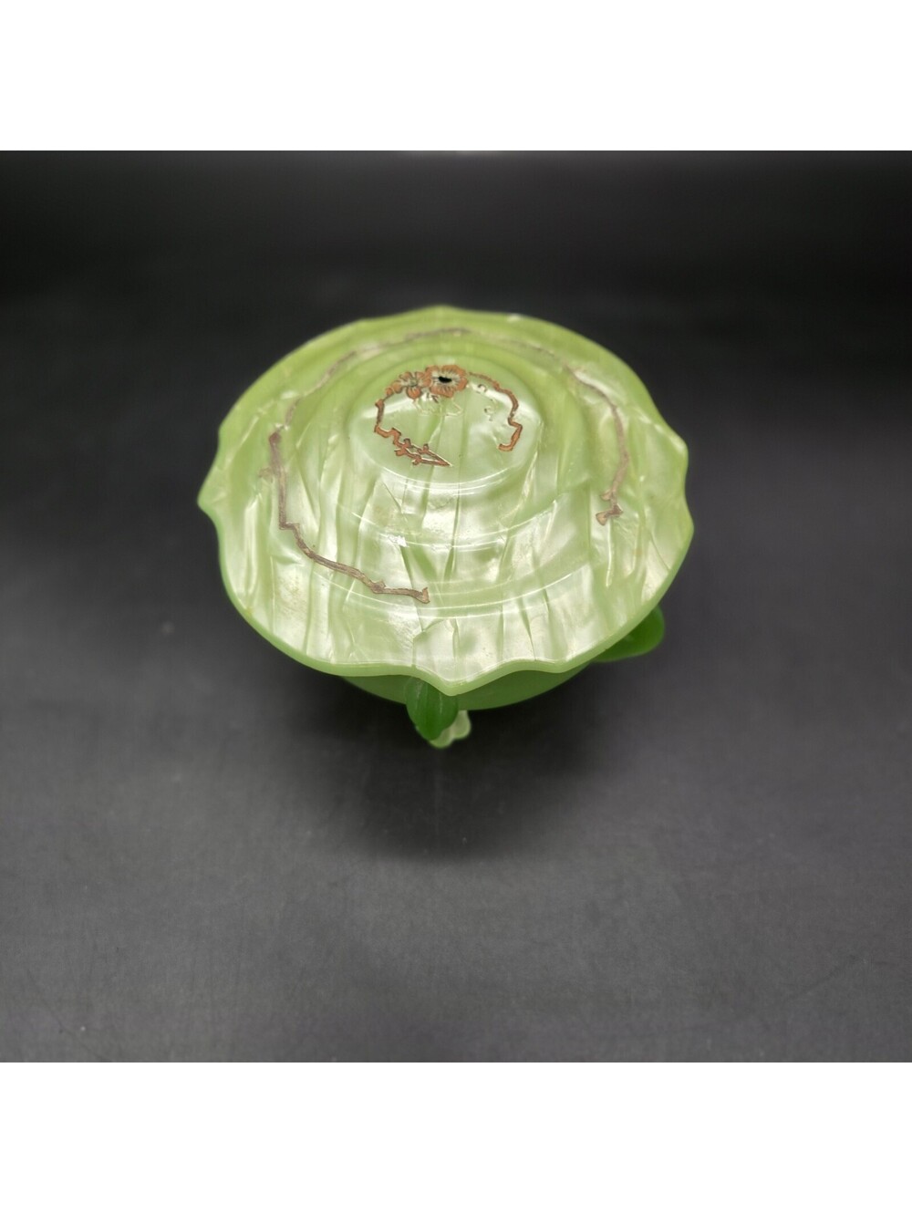 Vintage Art Deco Uranium Green Satin Glass Powder Jar Box Celluloid Lid Glows